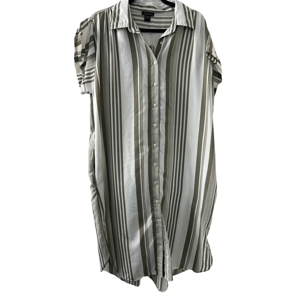 Style House Striped Shirt Dress 2X Olive White Pockets Coastal Minimalist Safari